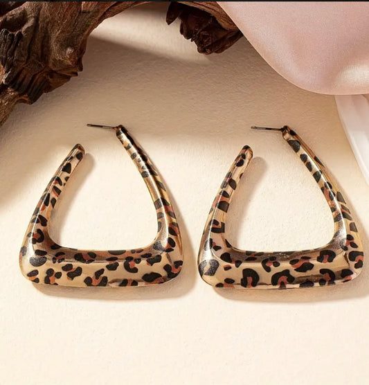 Triangle Leopard Print Design Hoops Earrings 18K Plated Gold