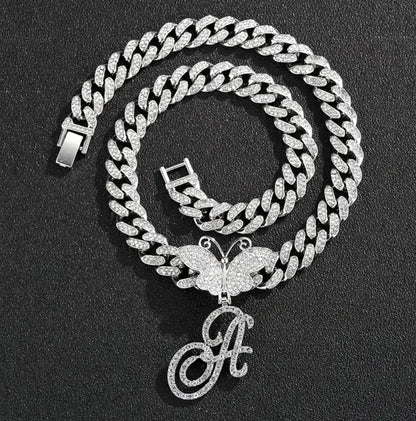 Chain Butterfly Necklace Letter Initial- E